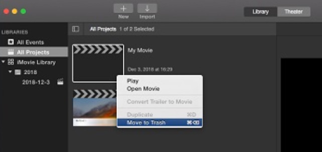 プロジェクトとイベントを削除して iMovie キャッシュをクリアする