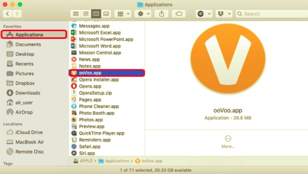 MacのooVooをアプリケーションフォルダから削除します