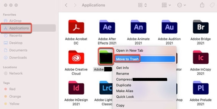 Adobe Aero をゴミ箱に移動してアンインストールする