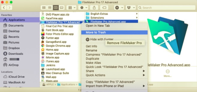 FileMakerProをゴミ箱に移動する