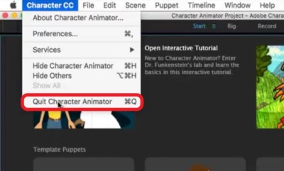 アプリをアンインストールする前に Character Animator を終了してください