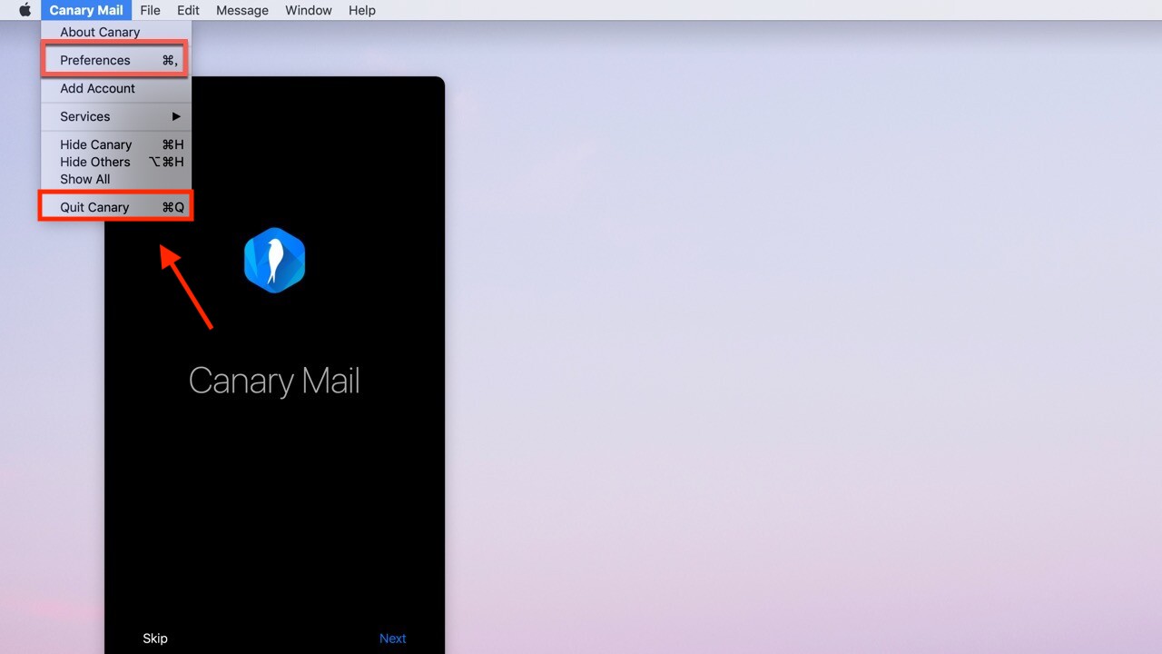 「Canary Mail」を選択し、「Quit Canary」をクリックします。