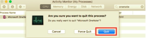 アンインストールする前に、アクティビティモニターを介してOneNoteを終了します