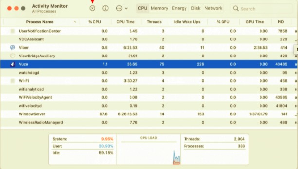 Macでアンインストールする前に、アクティビティモニターを介してVuzeを終了します