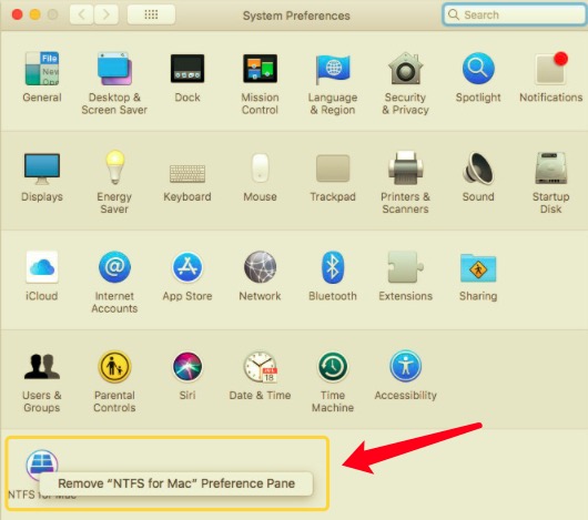 Mac設定ペインのNTFSを削除します