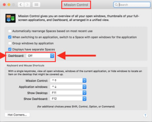 Macでダッシュボードを取り除くには[オフ]を選択します