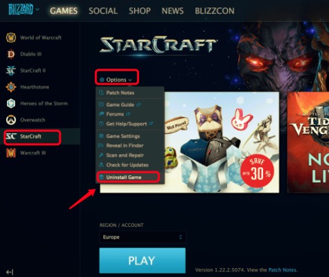 Battle.netを介してMacにStarCraft2をアンインストールします