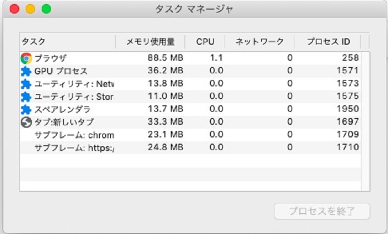 メモリとCPUスペースの量を確認