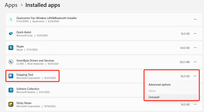 Snipping Tool が機能しない問題を修正するにはアプリをアンインストールします