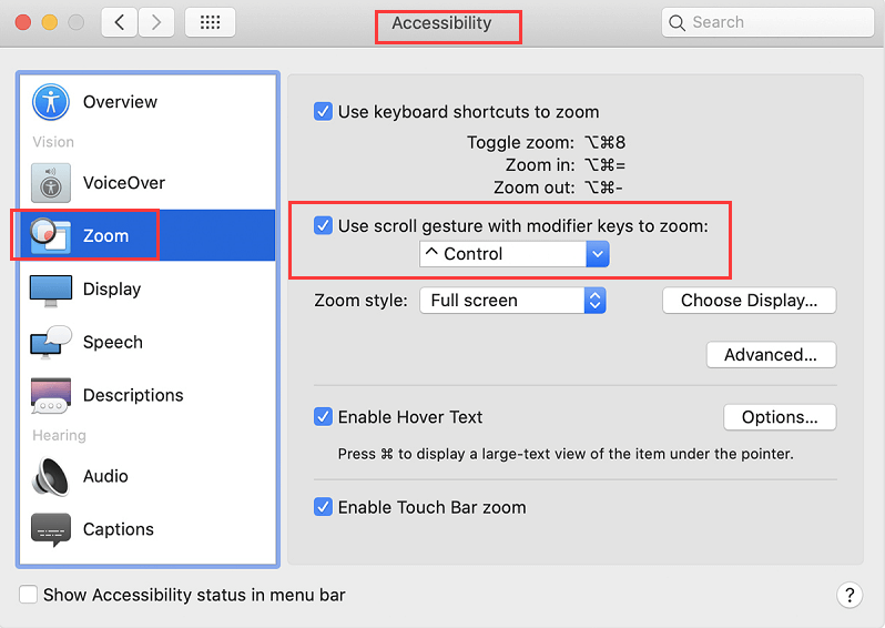 マウスの修飾キーを使用してMacでズームイン