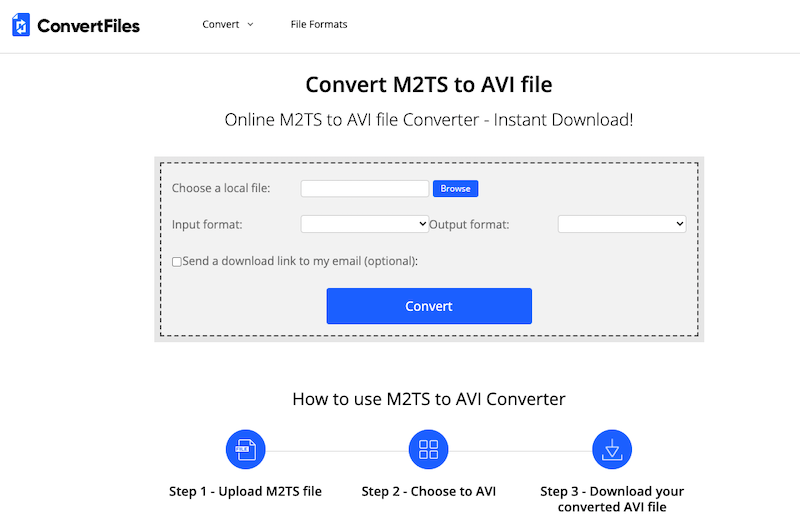 ConvertFiles.com にアクセスして M2TS を AVI に変換します