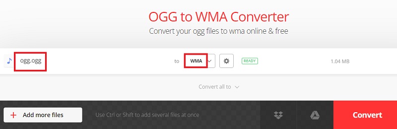 Convertio で OGG ファイルを WMA 形式に変換