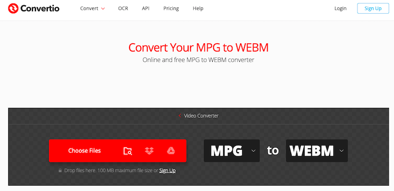 MPG を WebM に変換するには Convertio.co にアクセスしてください