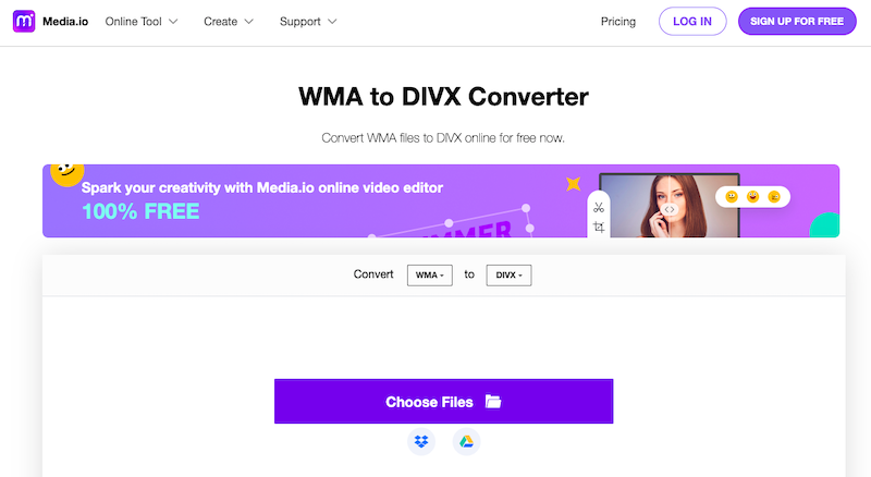 Media.io: オンライン WMA から DivX へのコンバーター