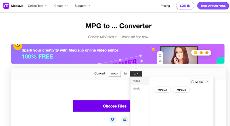 Media.io: オンライン MPG から MPEG コンバーター