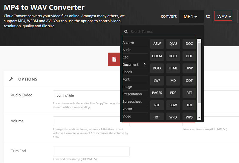 CloudConvertを介してビデオをWAVに変換する